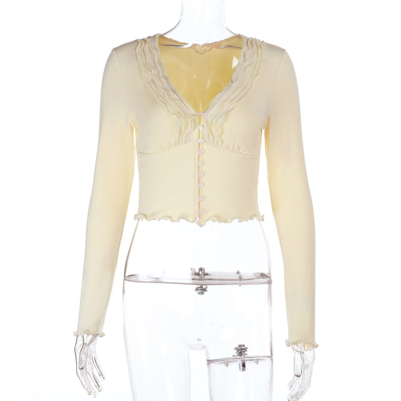 Cozy Fall Chic: Dainty Ruffle V-Neck Button-Front Cropped Top | Buttermilk Bliss