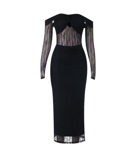 Sultry Black Off-Shoulder Sheer Long Sleeve Bodycon Maxi Dress - Fall & Holiday Party Ready