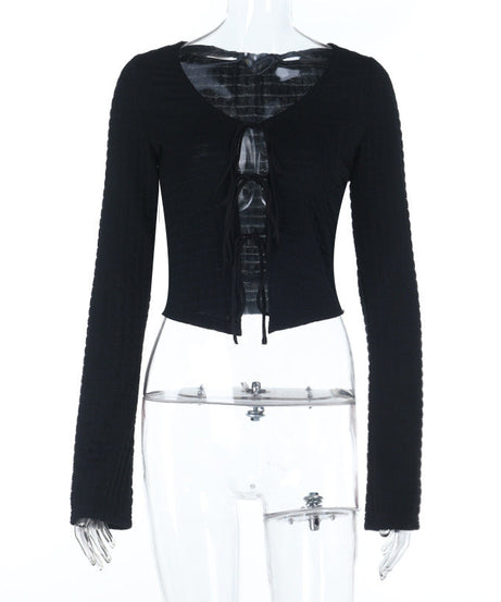 Fall Chic Tie-Front V-Neck Long Sleeve Cropped Top for Women - Versatile & Trendy