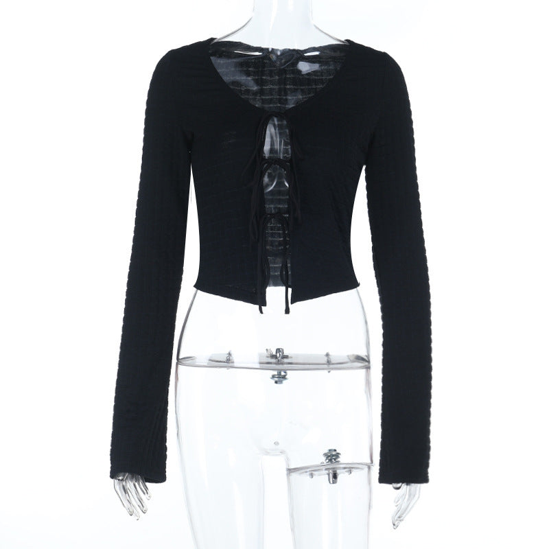 Fall Chic Tie-Front V-Neck Long Sleeve Cropped Top for Women - Versatile & Trendy