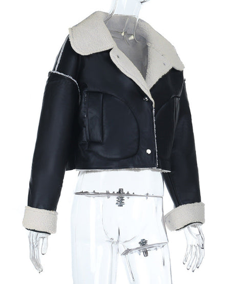 Chic Women's Faux Leather Shearling Cropped Aviator Jacket | Cozy Fall & Winter Outerwear