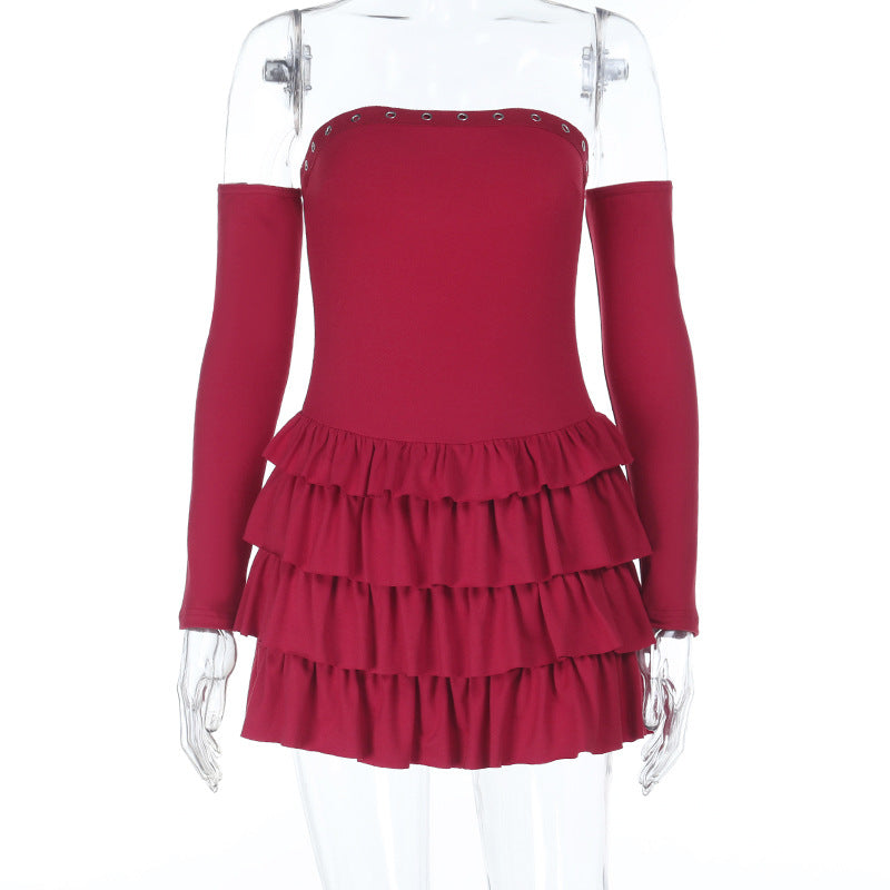 Bewitching Wine Red Off-Shoulder Long Sleeve Ruffle Mini Dress with Eyelet Detail