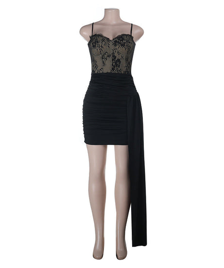Sultry Black Lace Ruched Mini Dress with Asymmetrical Drape - Fall & Holiday Party Ready