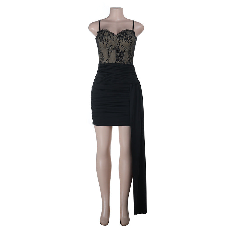 Sultry Black Lace Ruched Mini Dress with Asymmetrical Drape - Fall & Holiday Party Ready