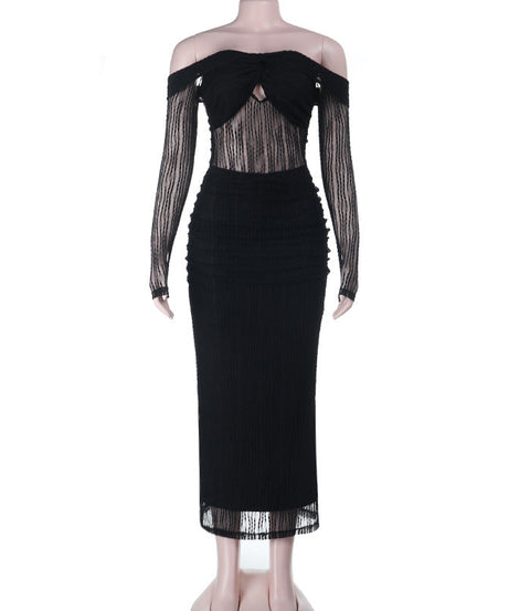 Sultry Black Off-Shoulder Sheer Long Sleeve Bodycon Maxi Dress - Fall & Holiday Party Ready