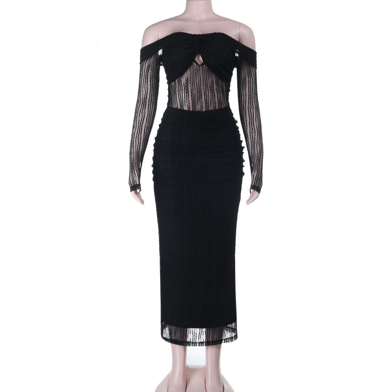 Sultry Black Off-Shoulder Sheer Long Sleeve Bodycon Maxi Dress - Fall & Holiday Party Ready
