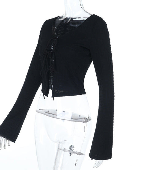 Fall Chic Tie-Front V-Neck Long Sleeve Cropped Top for Women - Versatile & Trendy