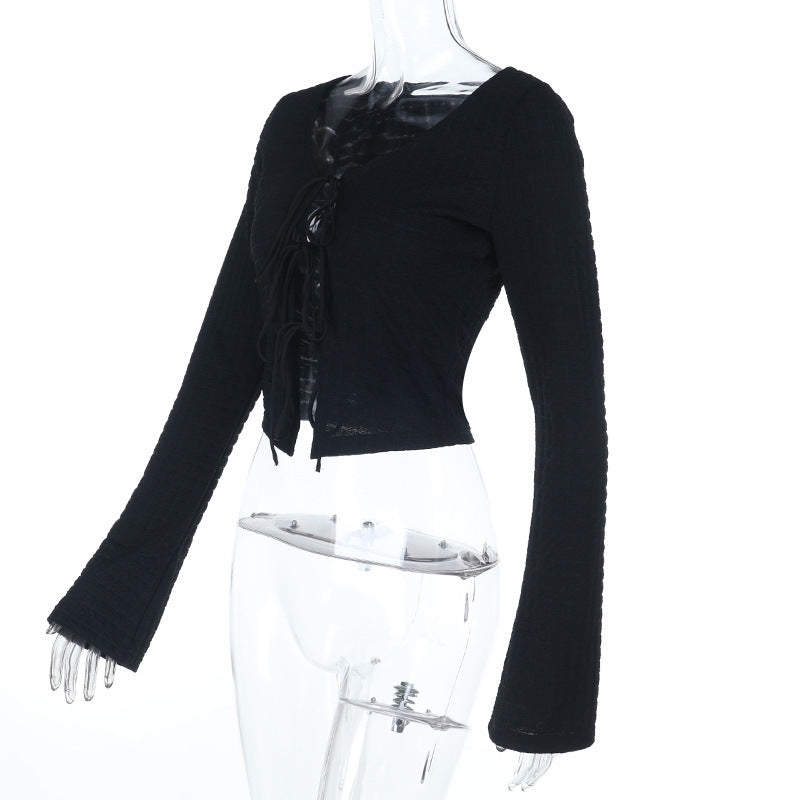 Fall Chic Tie-Front V-Neck Long Sleeve Cropped Top for Women - Versatile & Trendy