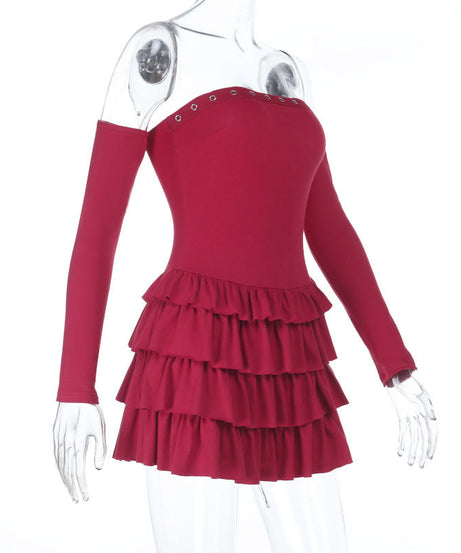 Bewitching Wine Red Off-Shoulder Long Sleeve Ruffle Mini Dress with Eyelet Detail
