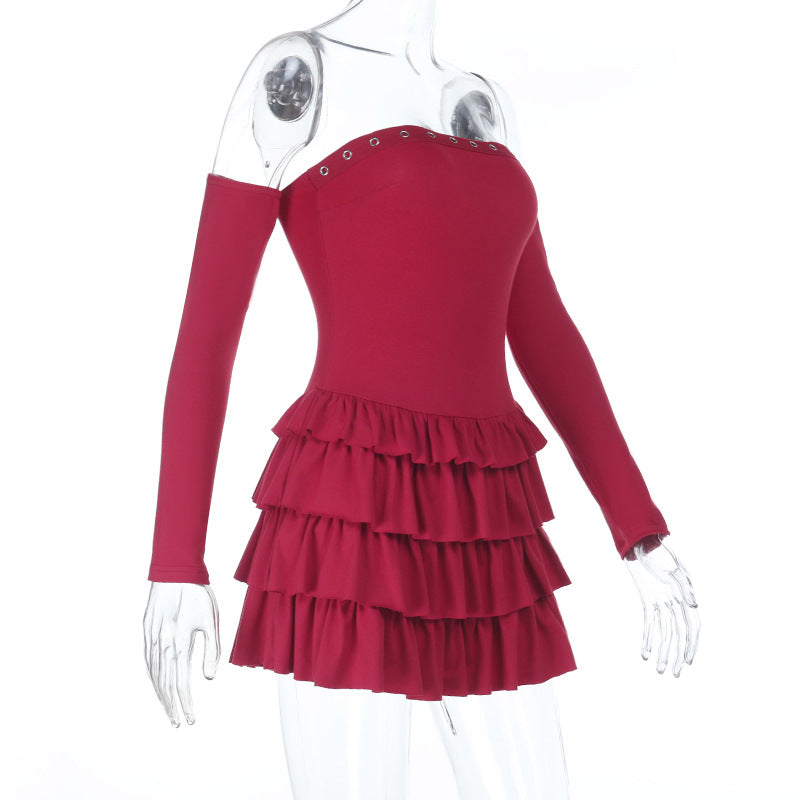 Bewitching Wine Red Off-Shoulder Long Sleeve Ruffle Mini Dress with Eyelet Detail