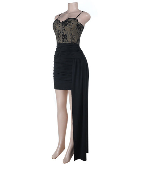 Sultry Black Lace Ruched Mini Dress with Asymmetrical Drape - Fall & Holiday Party Ready