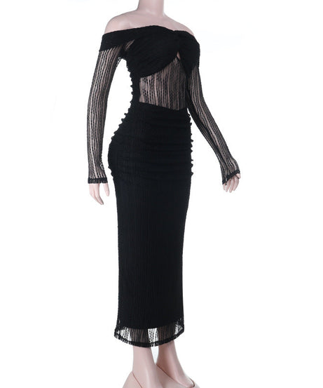 Sultry Black Off-Shoulder Sheer Long Sleeve Bodycon Maxi Dress - Fall & Holiday Party Ready