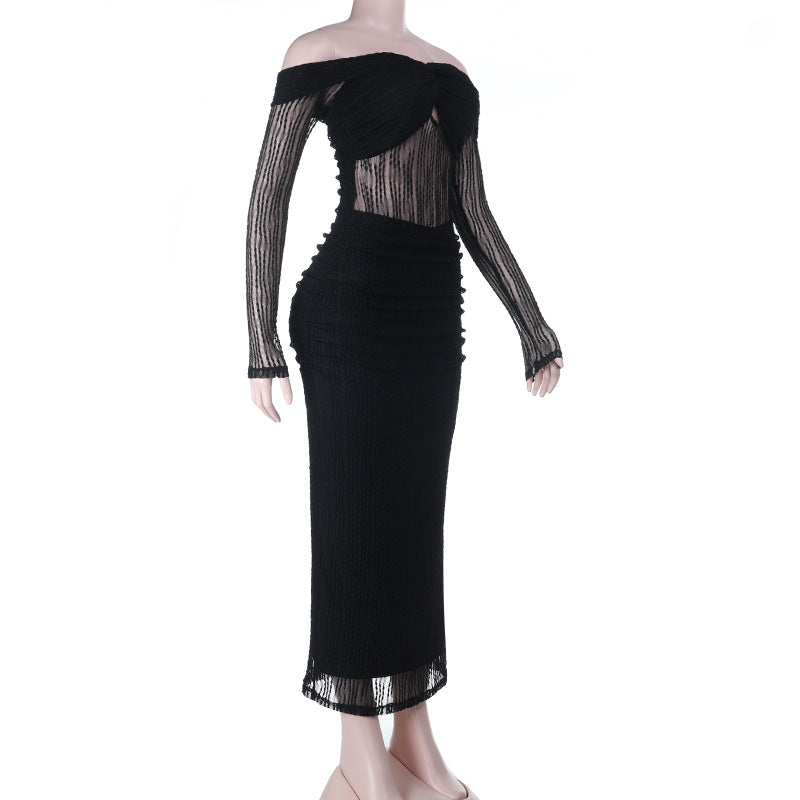 Sultry Black Off-Shoulder Sheer Long Sleeve Bodycon Maxi Dress - Fall & Holiday Party Ready