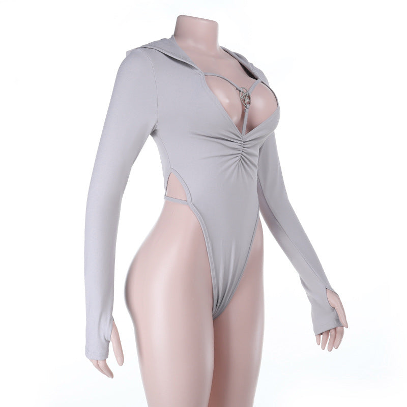 Mystic Pentagram Hooded Bodysuit | Edgy Long Sleeve Thumbhole Fall Top