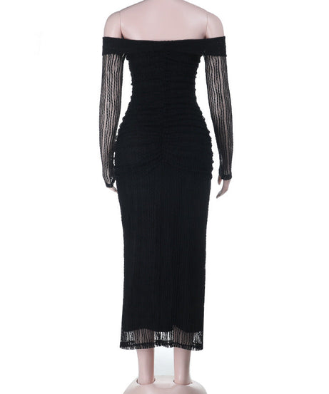 Sultry Black Off-Shoulder Sheer Long Sleeve Bodycon Maxi Dress - Fall & Holiday Party Ready
