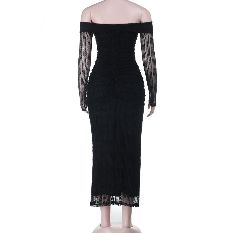 Sultry Black Off-Shoulder Sheer Long Sleeve Bodycon Maxi Dress - Fall & Holiday Party Ready