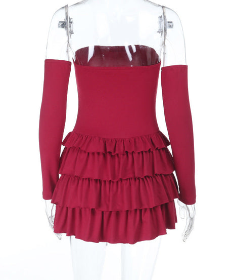 Bewitching Wine Red Off-Shoulder Long Sleeve Ruffle Mini Dress with Eyelet Detail