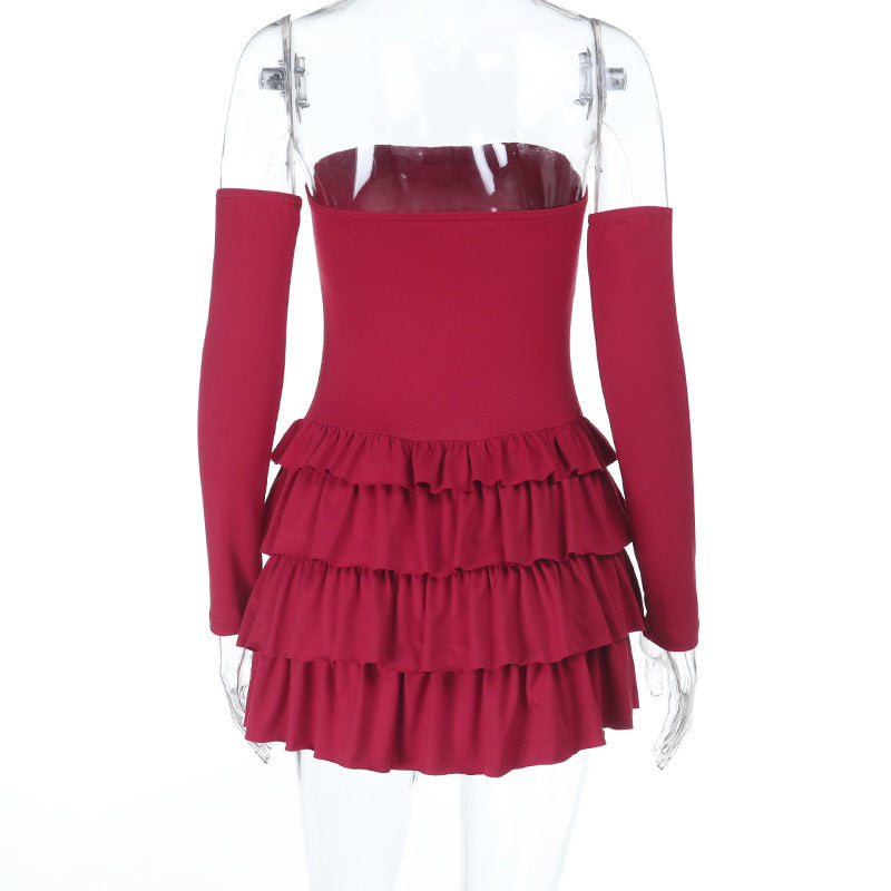 Bewitching Wine Red Off-Shoulder Long Sleeve Ruffle Mini Dress with Eyelet Detail