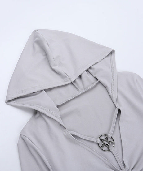 Mystic Pentagram Hooded Bodysuit | Edgy Long Sleeve Thumbhole Fall Top