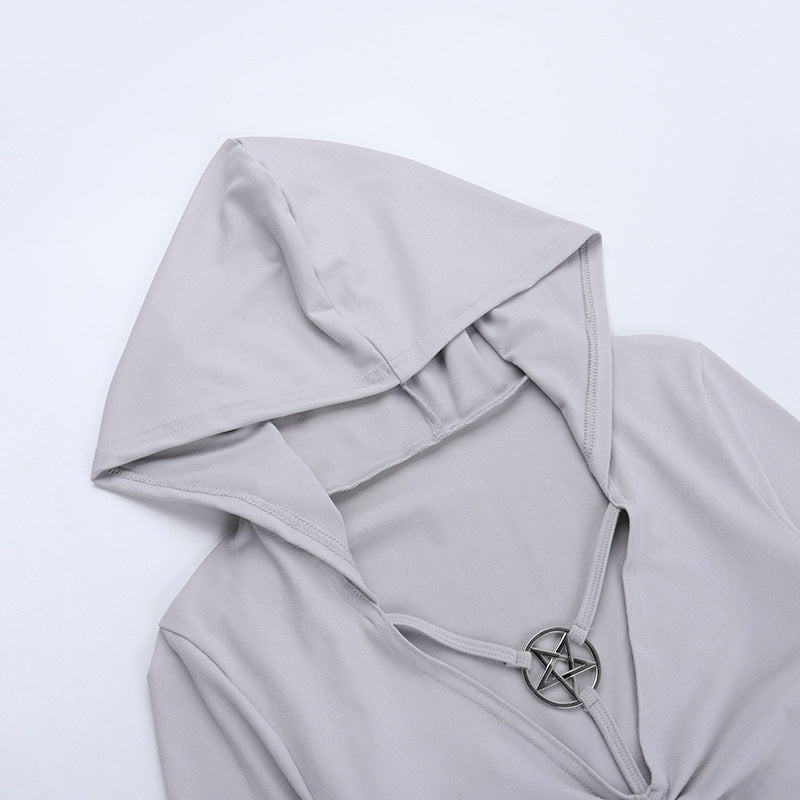 Mystic Pentagram Hooded Bodysuit | Edgy Long Sleeve Thumbhole Fall Top