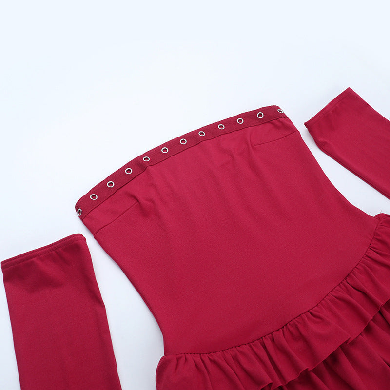 Bewitching Wine Red Off-Shoulder Long Sleeve Ruffle Mini Dress with Eyelet Detail