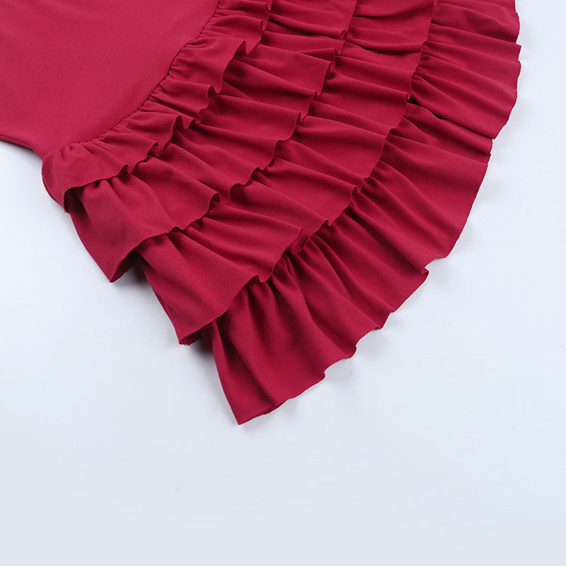 Bewitching Wine Red Off-Shoulder Long Sleeve Ruffle Mini Dress with Eyelet Detail