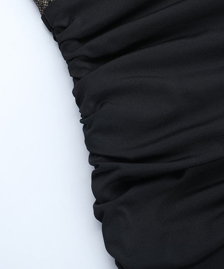 Sultry Black Lace Ruched Mini Dress with Asymmetrical Drape - Fall & Holiday Party Ready