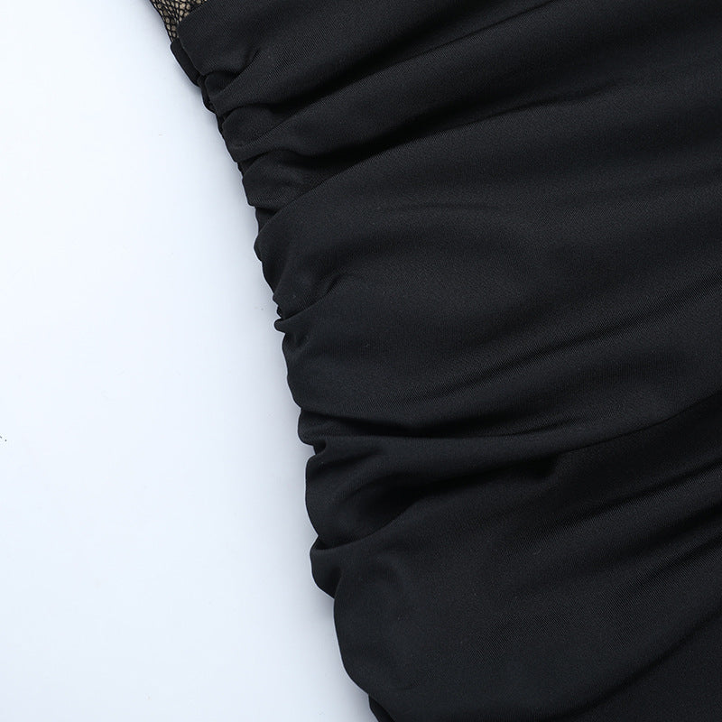 Sultry Black Lace Ruched Mini Dress with Asymmetrical Drape - Fall & Holiday Party Ready