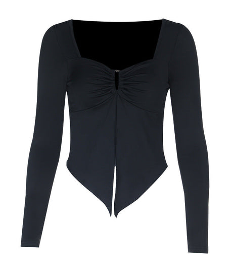 Autumn Allure: Chic Black Square Neck Ruched Long Sleeve Top with Asymmetrical Slit Hem
