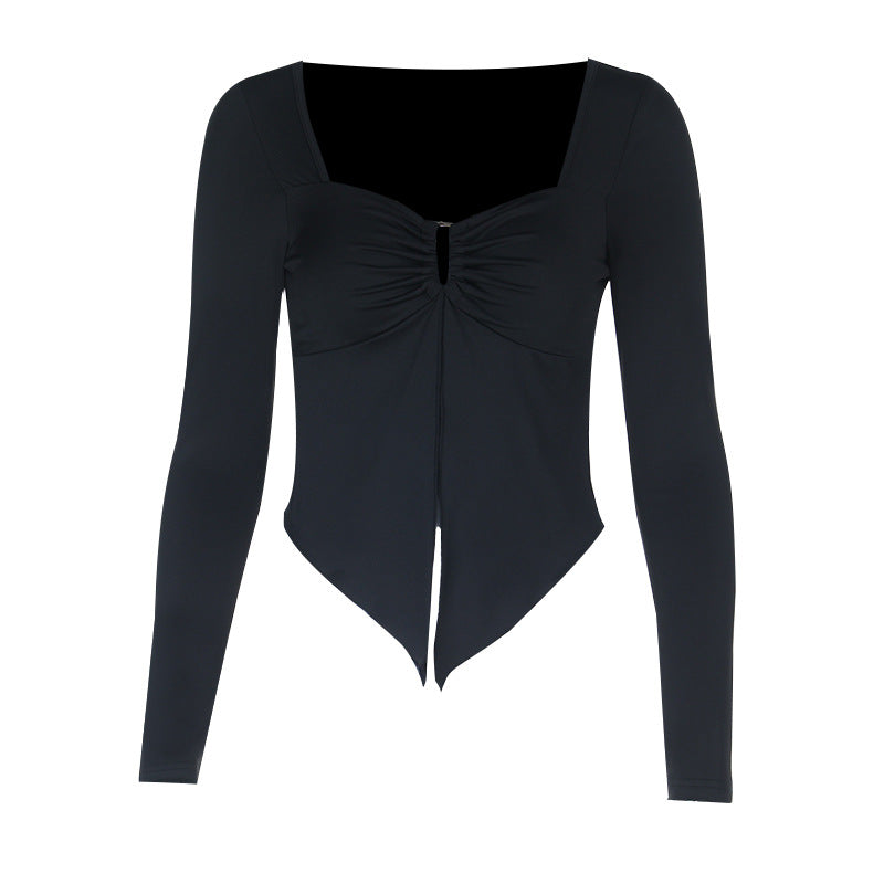 Autumn Allure: Chic Black Square Neck Ruched Long Sleeve Top with Asymmetrical Slit Hem
