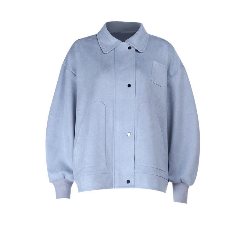 Effortless Fall Chic: Soft Suede-Feel Sky Blue Shacket for Women
