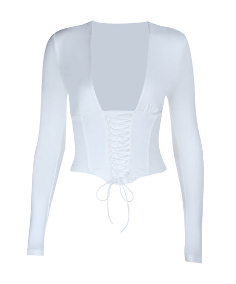 Fall Trend Alert: Deep V-Neck Lace-Up Corset Long Sleeve Top - Your Going Out Staple