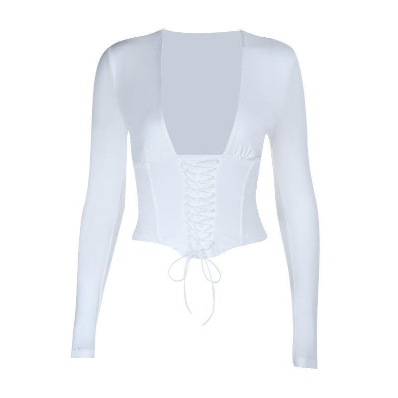 Fall Trend Alert: Deep V-Neck Lace-Up Corset Long Sleeve Top - Your Going Out Staple