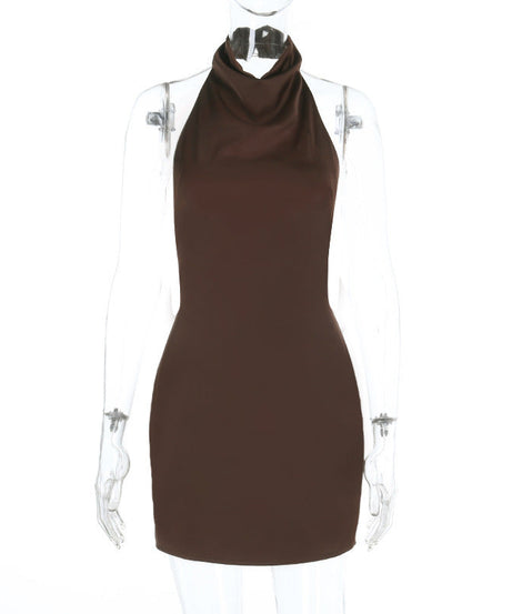 Sculpting Chocolate Halter Backless Mini Dress – Fall Party & Date Night Ready