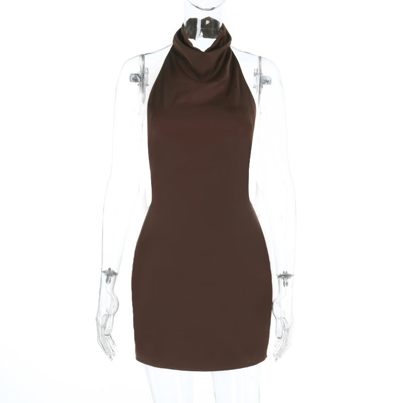 Sculpting Chocolate Halter Backless Mini Dress – Fall Party & Date Night Ready