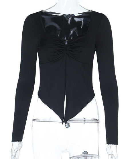 Autumn Allure: Chic Black Square Neck Ruched Long Sleeve Top with Asymmetrical Slit Hem