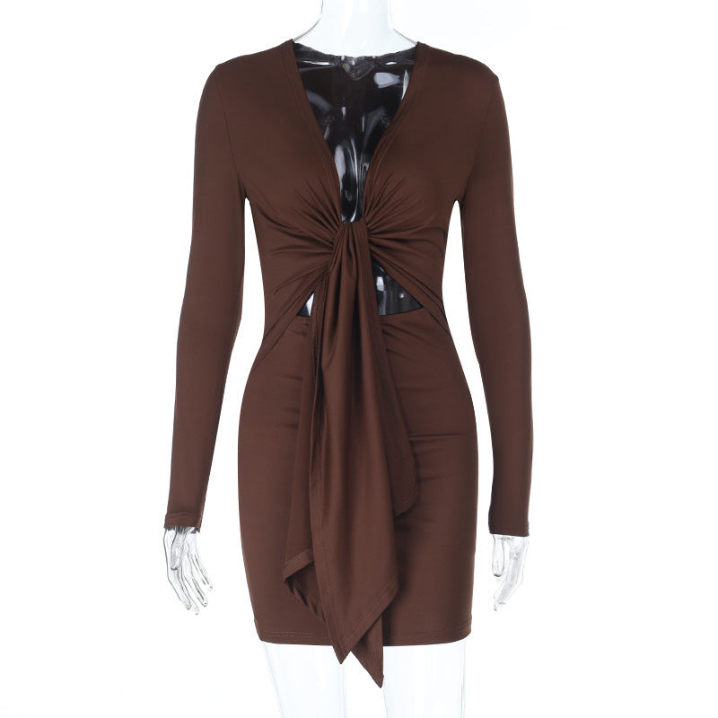 Fall Nights Out: Chic Brown Knot Front Long Sleeve Mini Dress - Deep V & Cutouts
