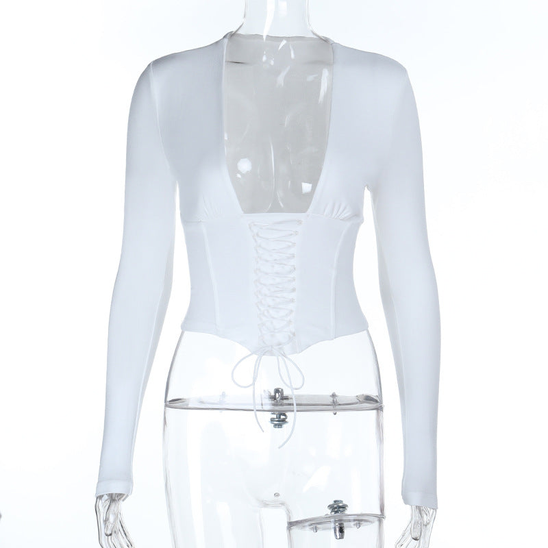 Fall Trend Alert: Deep V-Neck Lace-Up Corset Long Sleeve Top - Your Going Out Staple