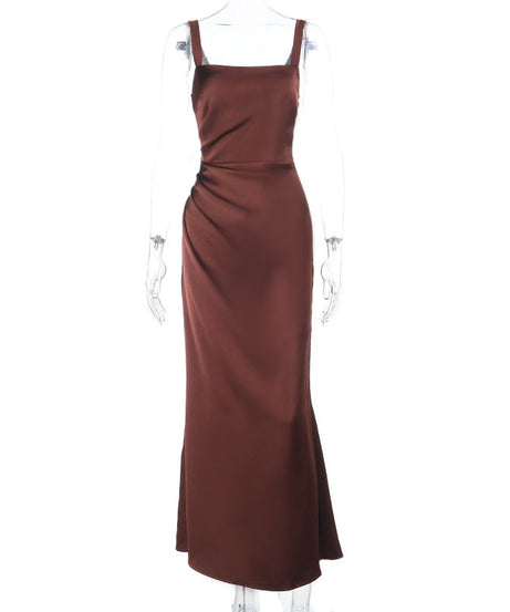 Elegant Bronze Satin Ruched Maxi Gown - Perfect for Fall & Holiday Events