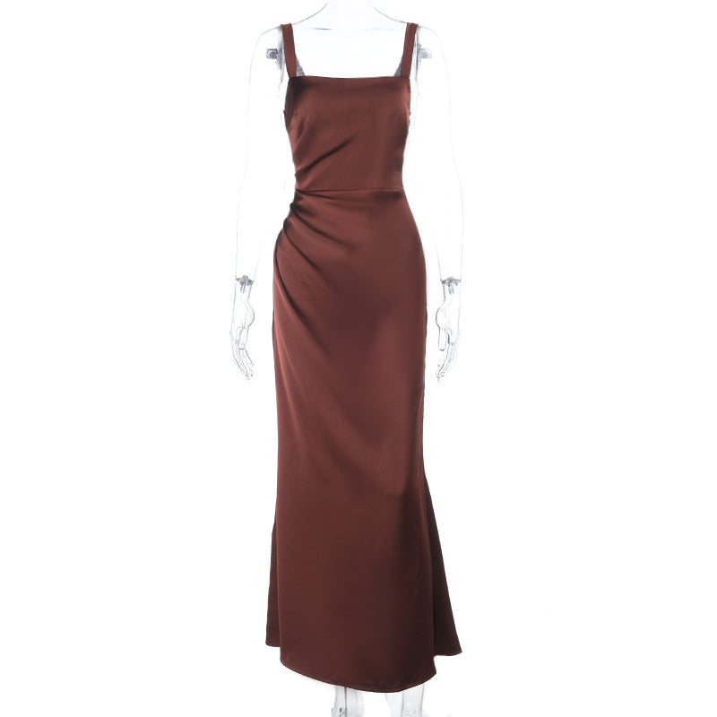 Elegant Bronze Satin Ruched Maxi Gown - Perfect for Fall & Holiday Events