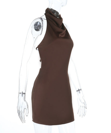Sculpting Chocolate Halter Backless Mini Dress – Fall Party & Date Night Ready