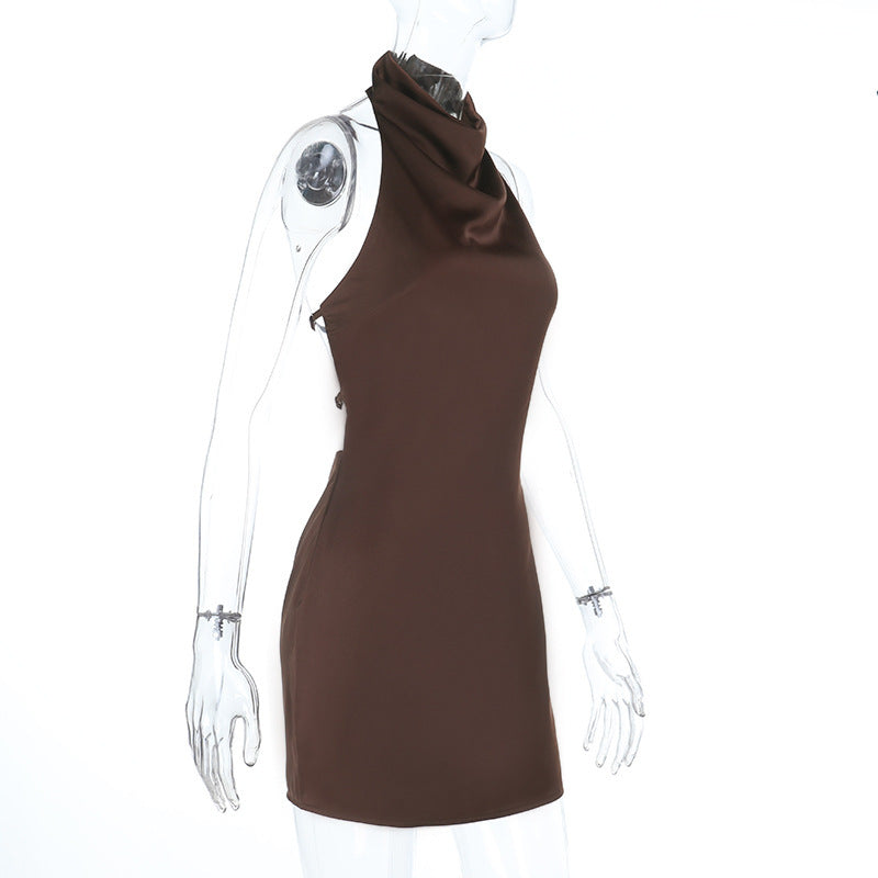 Sculpting Chocolate Halter Backless Mini Dress – Fall Party & Date Night Ready