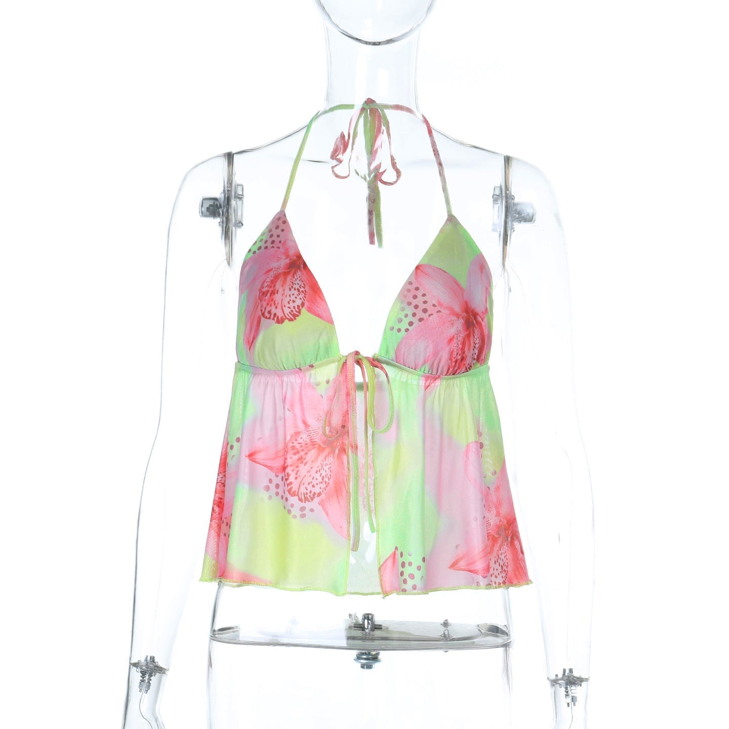 Vibrant Tropical Bloom Halter Top - Self-Tie & Backless for Resort & Spring/Summer 2026
