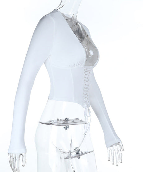 Fall Trend Alert: Deep V-Neck Lace-Up Corset Long Sleeve Top - Your Going Out Staple