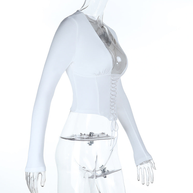 Fall Trend Alert: Deep V-Neck Lace-Up Corset Long Sleeve Top - Your Going Out Staple