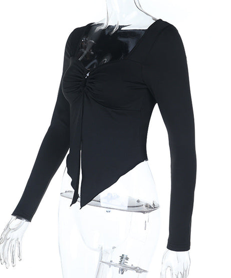 Autumn Allure: Chic Black Square Neck Ruched Long Sleeve Top with Asymmetrical Slit Hem