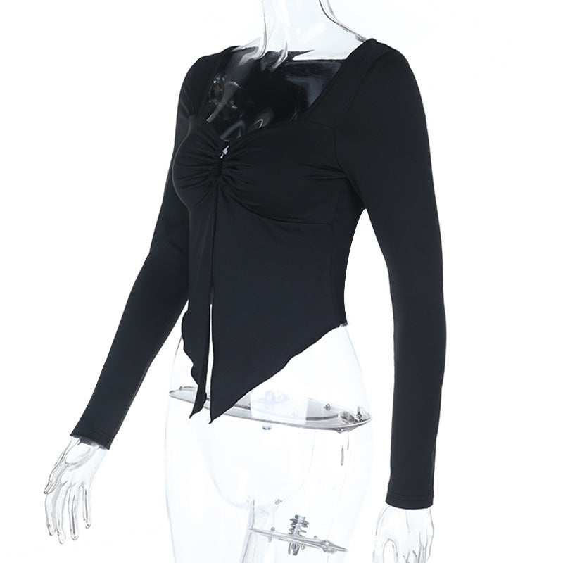 Autumn Allure: Chic Black Square Neck Ruched Long Sleeve Top with Asymmetrical Slit Hem