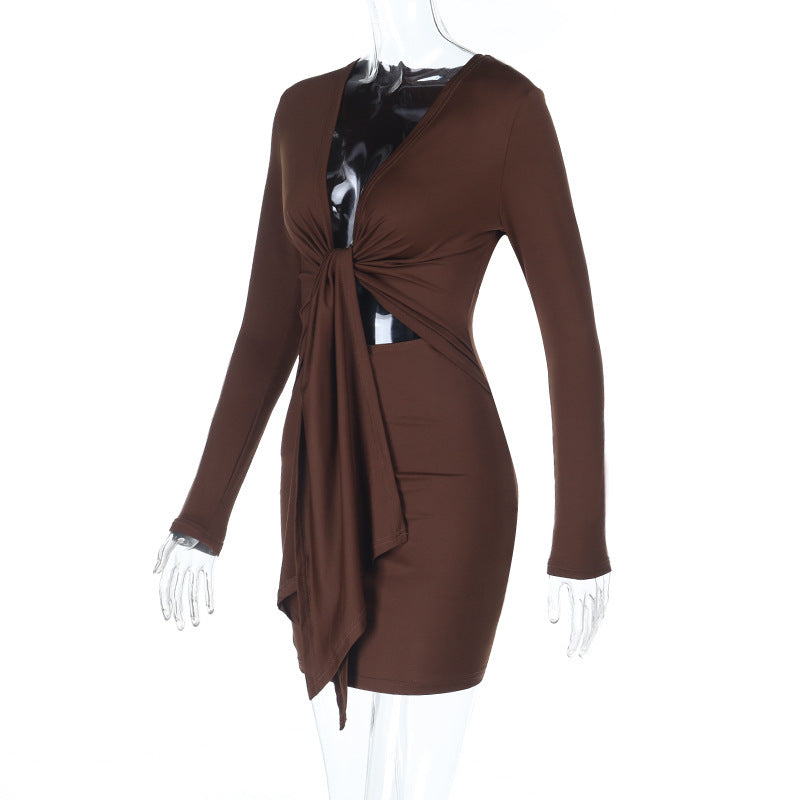 Fall Nights Out: Chic Brown Knot Front Long Sleeve Mini Dress - Deep V & Cutouts