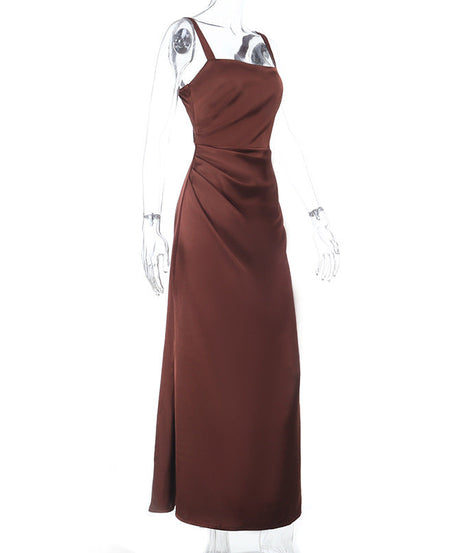 Elegant Bronze Satin Ruched Maxi Gown - Perfect for Fall & Holiday Events
