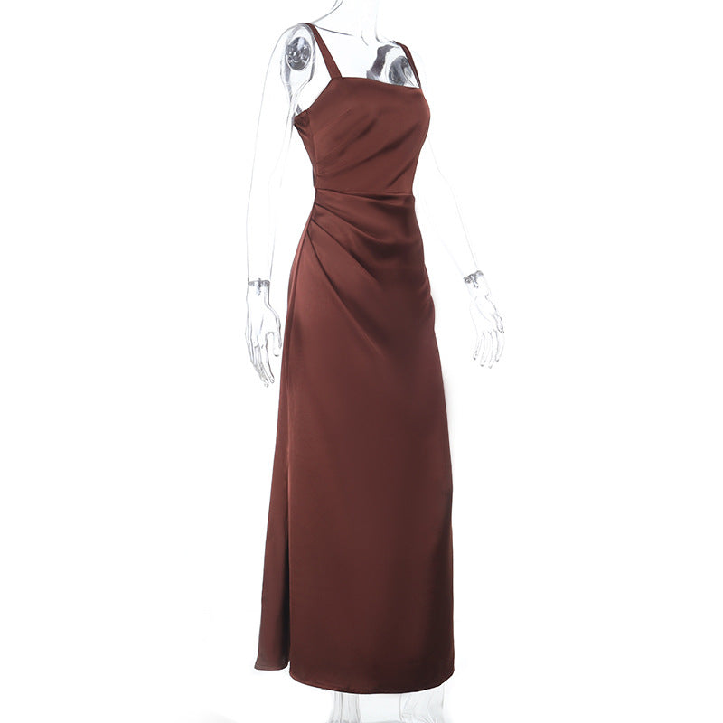 Elegant Bronze Satin Ruched Maxi Gown - Perfect for Fall & Holiday Events
